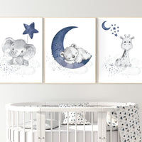 Nursery decor elephant and giraffe, animal nursery prints, navy nursery, navy blue nursery, baby room wall art, woodland animal prints