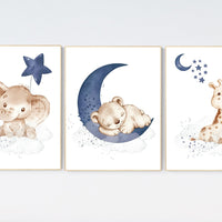 Navy Blue Nursery Prints: Bear, Elephant, Giraffe Animal Art