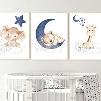 Navy Blue Nursery Prints: Bear, Elephant, Giraffe Animal Art