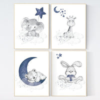 Nursery decor boy elephant, animal nursery, bunny nursery art, navy blue, bear nursery, giraffe baby room wall art, boy room, navy gray grey