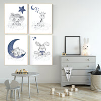 Nursery decor boy elephant, animal nursery, bunny nursery art, navy blue, bear nursery, giraffe baby room wall art, boy room, navy gray grey