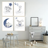 Nursery decor boy elephant, animal nursery, bunny nursery art, navy blue, bear nursery, giraffe baby room wall art, boy room, navy gray grey