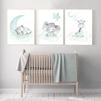 Nursery wall art mint and gray, nursery wall art animals, baby room decor mint and gray, woodland, jungle, elephant, giraffe, bear, prints