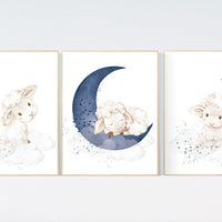 Lamb Nursery Wall Art Set, Moon and Stars Baby Room Decor, Sleepy Sheep Prints, Blue Night Sky Theme, Baby Boy Bedroom Wall Posters