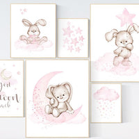 Bunny print for nursery girl, we love you to the moon and back, Nursery wall art girl, Rabbit nursery print, nursery print set girl, pink
