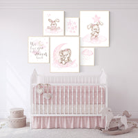 Baby room decor girl, Nursery decor girl flower bunny, Nursery wall art girl, Rabbit nursery print, nursery print set girl, pink nursery