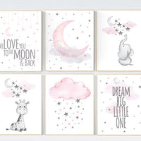 Baby room decor girl, Moon cloud star nursery, elephant, giraffe, pink grey nursery girl room art, nursery ideas for girls, Nursery prints