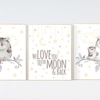 Nursery decor yellow, Nursery decor owl, gender neutral nursery decor, owl nursery, we love you to the moon and back, owl print for nursery