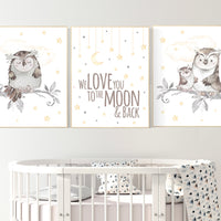 Nursery decor yellow, Nursery decor owl, gender neutral nursery decor, owl nursery, we love you to the moon and back, owl print for nursery