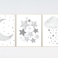 Nursery wall art grey, gray nursery, nursery decor neutral, baby room decor gender neutral, moon and stars, grey nursery decor baby room art