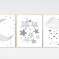 Nursery wall art grey, gray nursery, nursery decor neutral, baby room decor gender neutral, moon and stars, grey nursery decor baby room art
