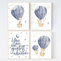 Hot air balloon nursery, navy blue, Nursery decor boy woodland animals, you are our greatest adventure, elephant, giraffe, bear, boy nursery