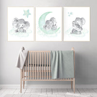 Elephant nursery art, elephant nursery print, mint nursery decor, cloud and stars nursery, baby room , gender neutral, aqua, moon and stars