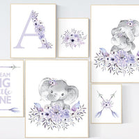 Nursery decor girl boho, purple nursery, nursery decor girl flower, nursery wall art elephant, lilac nursery, lavender nursery wall art