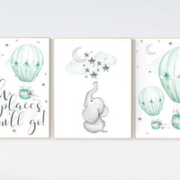 Mint nursery decor, nursery decor elephant, hot air balloon, gender neutral nursery, oh the places you'll go, mint green nursery wall art