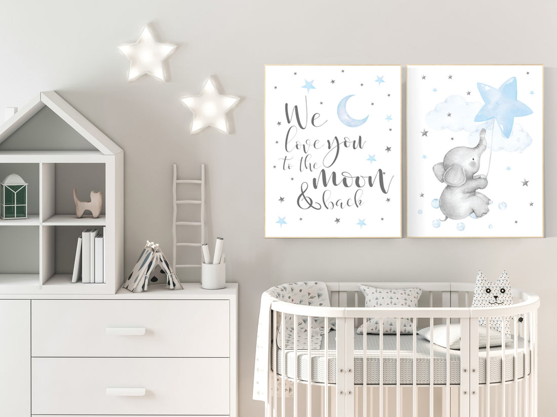 Nursery decor boy elephant, nursery wall art elephant, baby room decor boy, moon and stars, we love you to the moon and back, blue gray grey