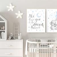 Nursery decor boy elephant, nursery wall art elephant, baby room decor boy, moon and stars, we love you to the moon and back, blue gray grey