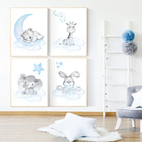 Nursery decor boy elephant, animal nursery, bunny nursery art, baby blue, bear nursery, giraffe baby room wall art