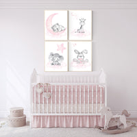 Nursery decor girl, elephant, bear, giraffe, bunny, animal nursery, bunny nursery art, moon, star, bear nursery, pink gray, woodland animals