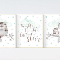 Nursery decor owl, owl nursery art, mint nursery decor, twinkle twinkle little star, nursery wall art mint, mint green, gender neutral