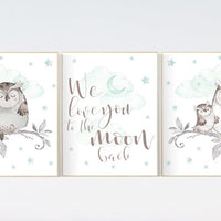 Nursery decor owl, owl nursery art, mint nursery decor, we love you to the moon and back, nursery wall art mint, mint green, gender neutral