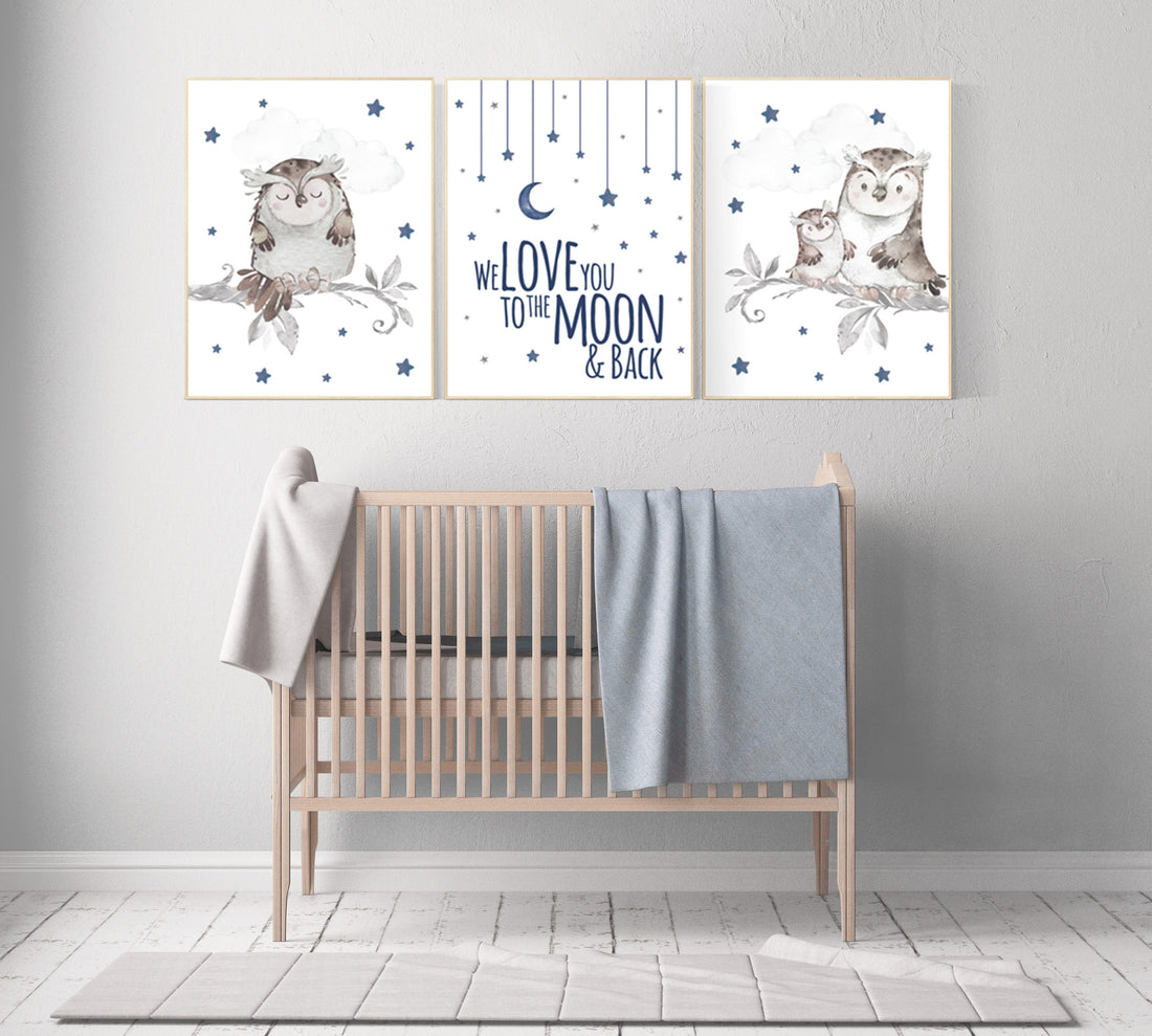 Navy nursery, we love you to the moon and back, nursery wall art boy, owl print nursery, owl print baby, navy blue, Nursery decor boy owls
