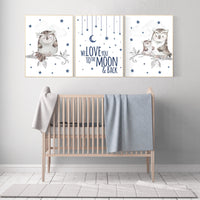Navy nursery, we love you to the moon and back, nursery wall art boy, owl print nursery, owl print baby, navy blue, Nursery decor boy owls