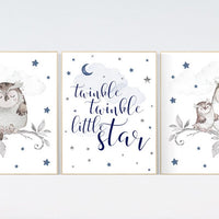 Nursery decor boy owls, navy nursery, nursery wall art boy, owl print nursery, owl print baby, twinkle twinkle little star, navy blue