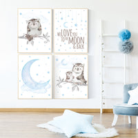 We love you to the moon and back, Nursery decor boy owls, owl nursery, nursery wall art boy, owl print nursery, baby blue nursery art