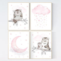 Nursery decor girl owl, Owl print for nursery, moon and star nursery, owl nursery decor, pink and gray, nursery ideas, pink nursery decor