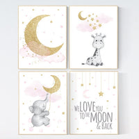 Nursery decor girl elephant, pink and gold nursery, we love you to the moon and back, giraffe nursery, moon and stars nursery wall art