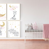 Nursery decor girl elephant, pink and gold nursery, we love you to the moon and back, giraffe nursery, moon and stars nursery wall art