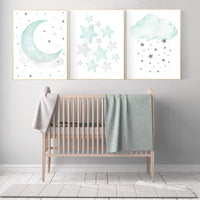 Mint nursery decor, nursery decor stars, gender neutral nursery, moon and stars nursery, mint green nursery, cloud nursery, star nursery art
