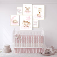 Nursery decor girl woodland, nursery prints set, Nursery decor jungle, nursery prints animal, pink nursery art, elephant giraffe bear bunny