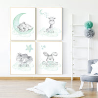 Nursery wall art mint and gray, nursery wall art animals, baby room decor mint and gray, woodland, jungle, elephant, giraffe, bear, bunny