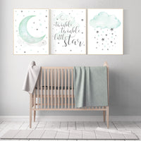 Nursery wall art mint and gray, nursery decor neutral, unisex nursery, moon and stars nursery, baby shower, nursery prints quotes, twinkle