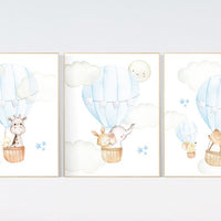 nursery decor boy adventure, blue nursery, hor air balloon, woodland animals, elephant, baby bear, giraffe, bunny, baby room wall art