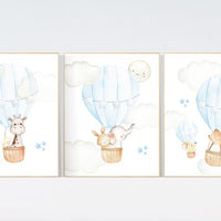 Nursery decor woodland animal, nursery decor boy, elephant, bear, giraffe, bunny, hot air balloon, nursery wall art animals, baby room art