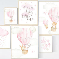 Nursery decor girl woodland, hot air balloon nursery animal, girl nursery wall decor, animal prints for nursery, nursery set for girls