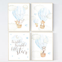 baby boy nursery, nursery decor boy woodland animals, elephant, giraffe, bear, bunny, woodland nursery art, hot air balloon nursery print,