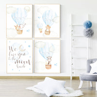 Baby boy nursery, nursery decor boy woodland animals, elephant, giraffe, bear, bunny, moon and stars, hot air balloon, nursery print set
