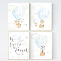 Baby boy nursery, nursery decor boy woodland animals, elephant, giraffe, bear, bunny, moon and stars, hot air balloon, nursery print set
