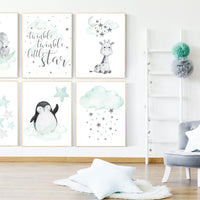 Nursery decor mint and grey, nursery wall art neutral, moon and stars, mint green, penguin, giraffe, elephant, gender neutral nursery