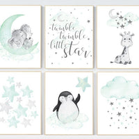 Nursery decor mint and grey, nursery wall art neutral, moon and stars, mint green, penguin, giraffe, elephant, gender neutral nursery