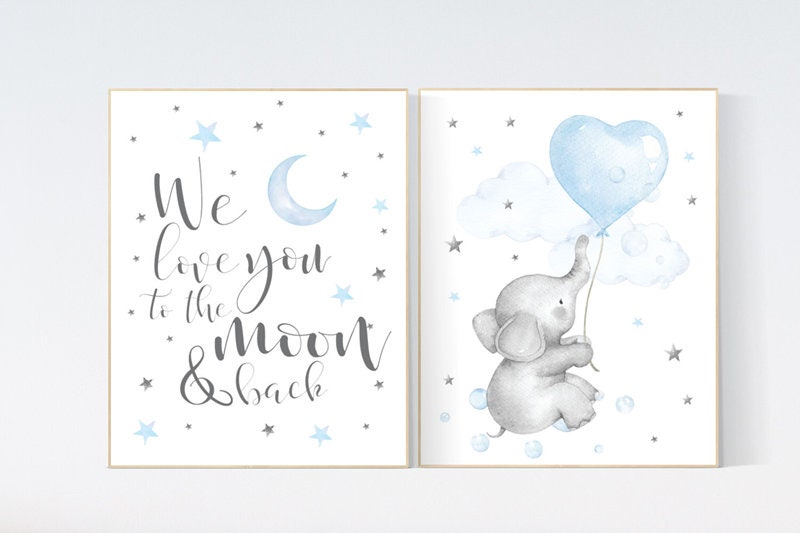 Nursery decor boy elephant, nursery wall art elephant, baby room decor boy, moon and stars, we love you to the moon and back, blue gray grey