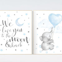 Nursery decor boy elephant, nursery wall art elephant, baby room decor boy, moon and stars, we love you to the moon and back, blue gray grey