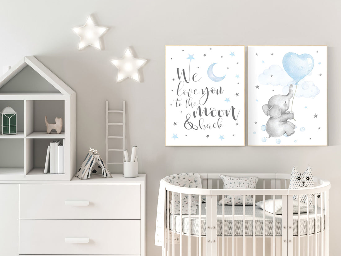 Nursery decor boy elephant, nursery wall art elephant, baby room decor boy, moon and stars, we love you to the moon and back, blue gray grey