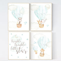Hot air balloon nursery wall art, Nursery wall art mint and gray, nursery decor woodland, mint nursery art, nursery prints animals, aqua