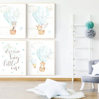 Hot air balloon nursery wall art, mint and gray, nursery decor woodland, mint nursery art, nursery prints animals, aqua, mint green