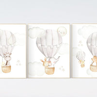 Nursery decor neutral, hot air balloon, woodland animals, gender neutral, baby room decor, elephant, bunny, giraffe, nursery prints